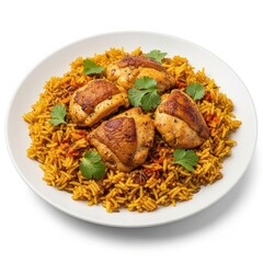 Fototapeta premium Chicken and rice dish with cilantro garnish food meal