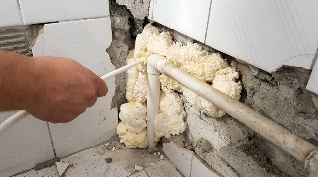 Plumber using expanding polyurethane foam to insulate and seal water pipes behind a damaged tile wall.