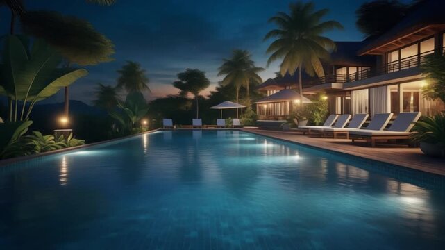 Serene nighttime view of a luxurious poolside resort with palm trees and lounge chairs in a tropical setting with warm lighting.