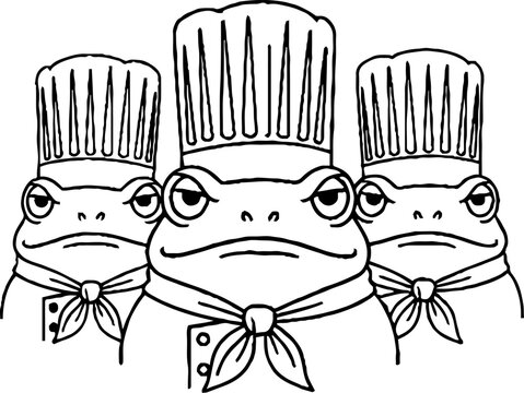 Trio of grumpy frog chefs wearing tall toques and neckerchiefs