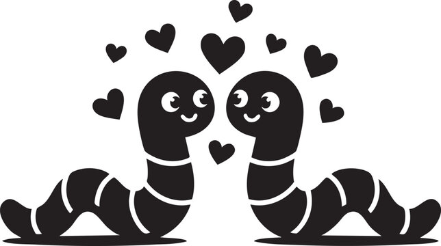 cartoon worms in love with hearts black and white silhouette