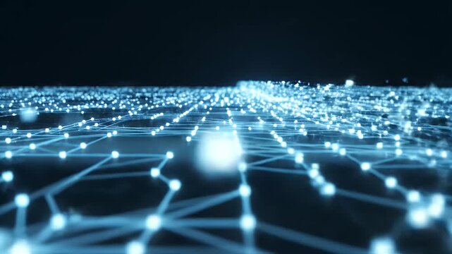 A futuristic abstract image depicts a glowing cube emitting light and connecting to a complex network of interconnected nodes and lines, suggesting data flow and technological innovation.