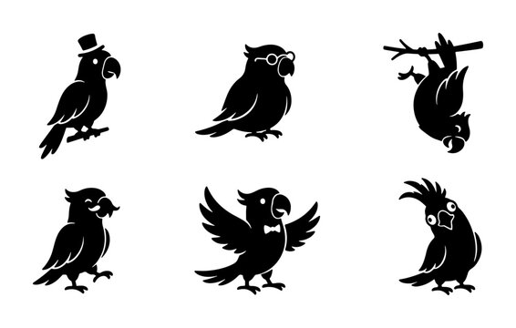 Charming Parrot Silhouettes, 6 Vector Icons Set: Playful Birds with Hats, Glasses, and Bowties, Ideal for Wildlife Graphics and Social Media