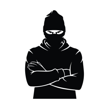 Burglar with balaclava and beanie hat criminal vector illustration icon with crossed arms.