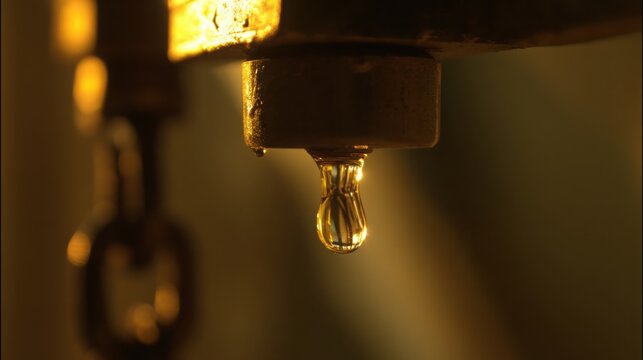 oil drop hanging machine lubrication macro viscosity physics industrial realism warm light