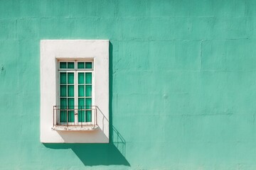 Obraz premium White-framed window with green glass panes set against a vibrant turquoise wall, featuring a small balcony and distinct shadows cast by sunlight