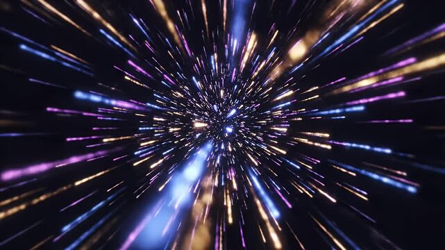 A vibrant and dynamic abstract image depicts a tunnel of light and color, evoking a sense of speed, energy, and cosmic wonder.