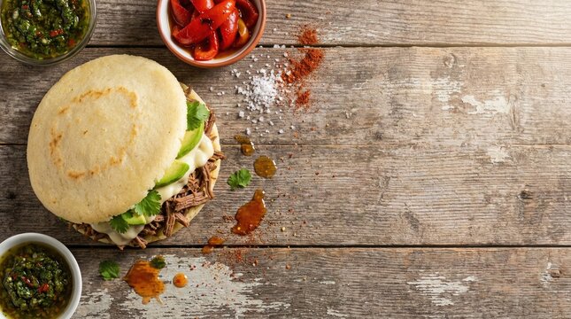Arepa stuffed with shredded beef and avocado top view on wooden background