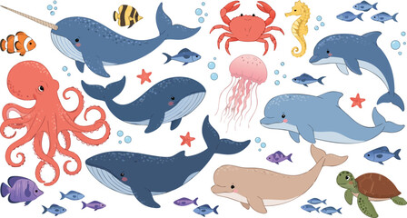 Naklejka premium Cute Sea Animal Vector Collection Featuring Whales, Dolphin, Octopus, Turtle, Jellyfish, Crab, and Tropical Ocean Creatures for Kids Designs