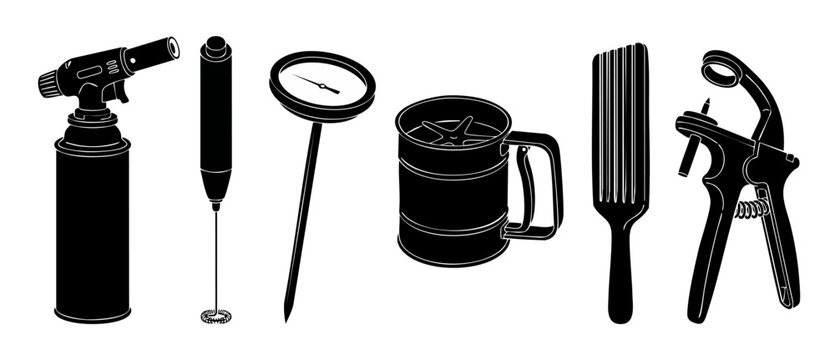 Kitchen tools set black silhouette icons for cooking and baking preparation, culinary instruments including torch, whisk, thermometer, flour sifter, scraper, and pastry piping tool for professional ch