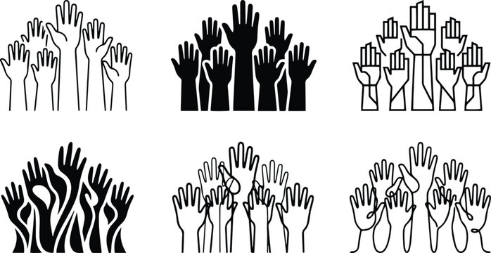 Raised hands crowd icon set showing volunteering support voting participation community engagement and social activism in black white vector style