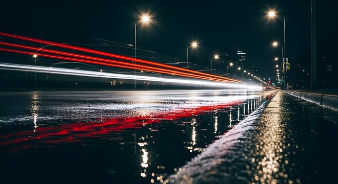 Abstract light trails illuminate a wet city street at night with reflections on the asphalt