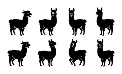 Set of 8 Black Llama Silhouettes, Cute South American Camelids, Vector Graphics for Animal Lovers and Farm Themes © Taslima