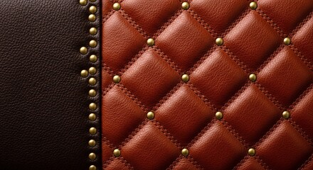 Fototapeta premium Closeup texture of rich brown leather upholstery with diamond tufting and brass stud detailing