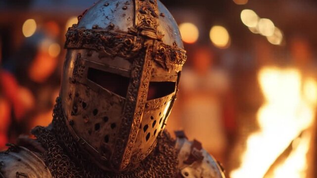 Close-up of a medieval warrior's helmet and armor, showing historical strength and grit against a warm, blurred background.