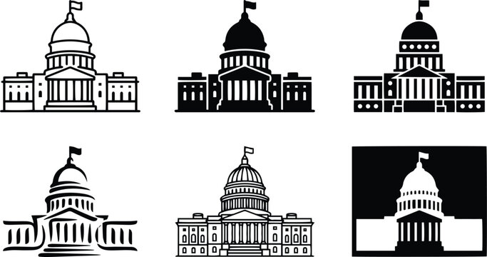 Capitol building icon set showing government parliament courthouse civic institution democracy architecture and political landmark in black white vector style