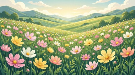 Obraz premium Wildflower meadow stretching across rolling hills at sunrise