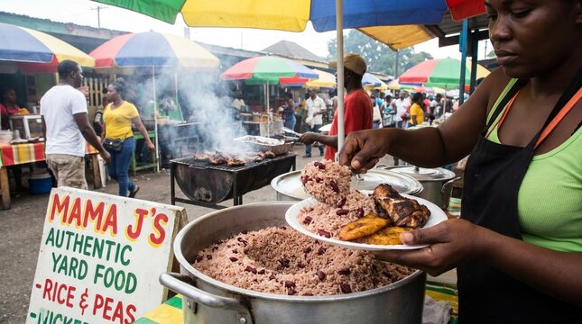 A vendor serves a plate of rice and peas from a large pot at a vibrant outdoor food stall, showcasing authentic Caribbean cuisine amidst a bustling market atmosphere.
