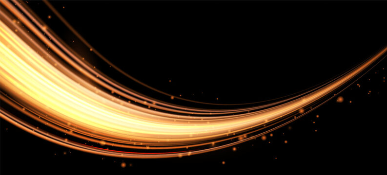 Dynamic light beams, glowing neon trails with golden energy effects. Abstract waves shine bright on dark background with futuristic motion and sparkle.Abstract background, vector illustration.