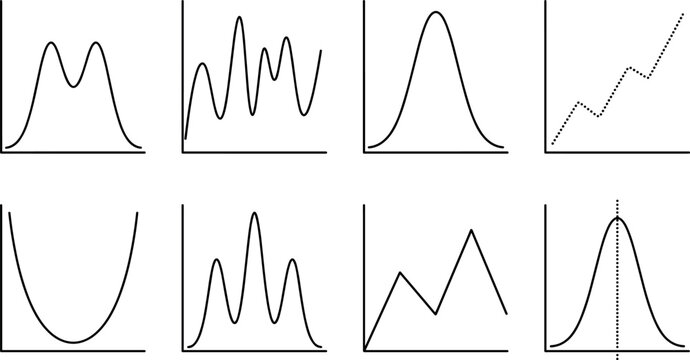 Data Analysis and Statistical Graph Icon Set with Business Charts, Trend Lines, Probability Curves, and Analytics Vector Illustrations