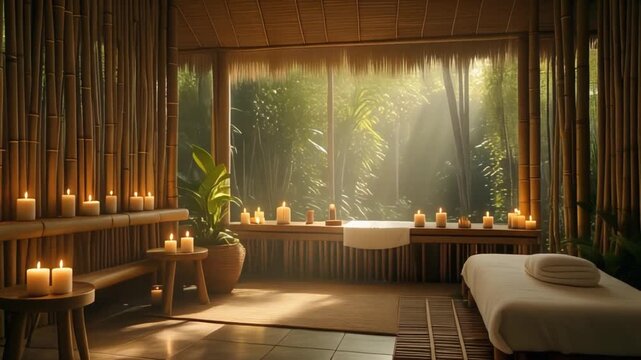 Serene spa room with candles and a massage table by a large window overlooking lush greenery