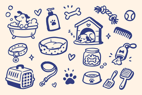 Dog Care Accessories Set Brown Doodle Sketch Vector