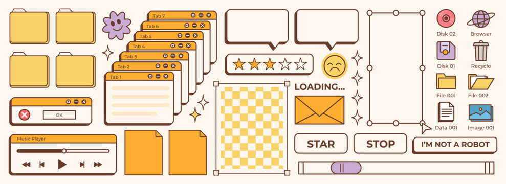 Big sticker set in trendy y2k style. Old computer aesthetic. Retro pc elements, user interface. Nostalgia for 1990s -2000s. Glitch effect elements. Vector illustrations