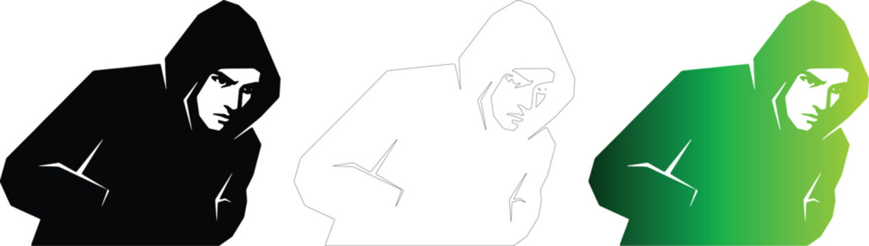 Mysterious man in hoodie vector illustration set