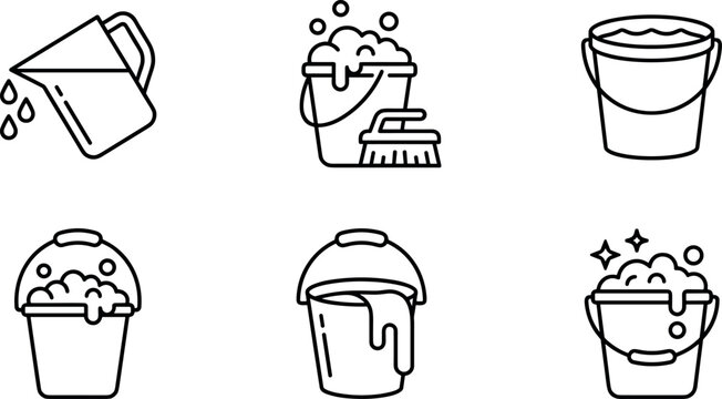 Cleaning Bucket and Housekeeping Icon Set with Soap Foam, Mop Supplies, Water Containers, and Hygiene Vector Illustrations