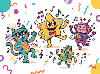 Fototapeta premium Retro cartoon mascots with playful expressions, Memphis style vector illustration, colorful abstract characters dancing with music notes, thick outlines, flat simple design, plain light background, mi