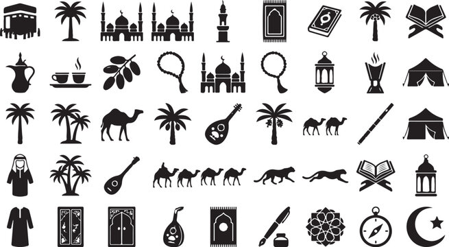 Middle eastern cultural icons and islamic symbols collection vector graphics