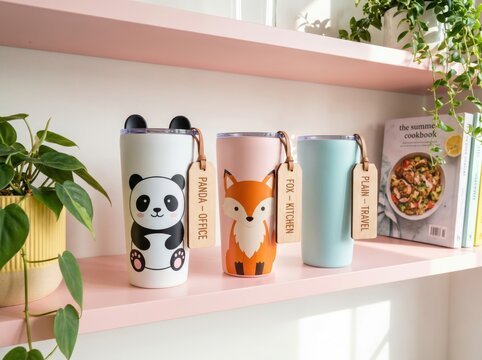 Cute animal tumbler cups with tags and cereal box