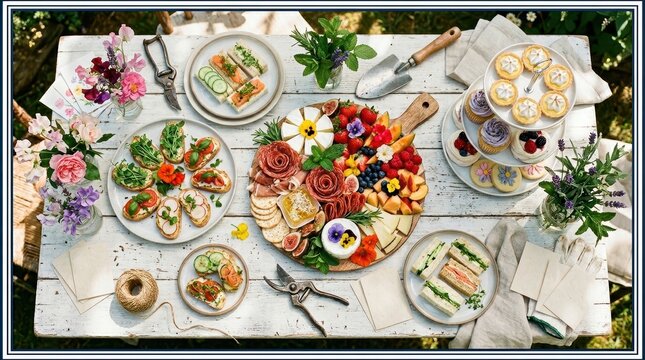 Festive Summer Garden Party Food Double Border Featuring Fresh Fruits, Salads, And Grilled Appetizers.