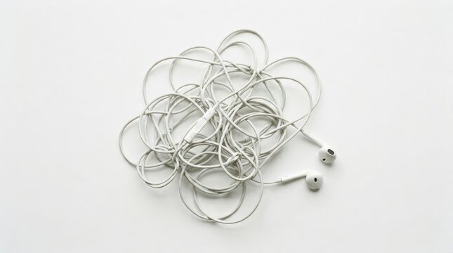 Tangled White Headphone Cords Create A Chaotic Mess On A Clean White Surface, Symbolizing Frustration And Disorganization.