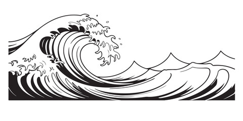 Fototapeta premium Powerful ocean wave black and white illustration