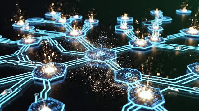 A futuristic, glowing network of interconnected hexagonal nodes forms a complex digital structure against a dark background, symbolizing data connectivity and technological advancement.