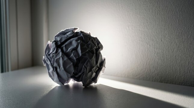 Crumpled White Paper Ball Casting A Long Shadow On A Plain Surface, Symbolizing Ideas And Failure.
