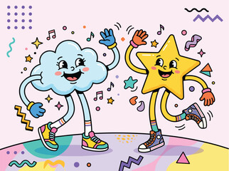 Fototapeta premium Cute retro cartoon characters in Memphis style, smiling cloud and star mascots with long arms and legs, wearing colorful shoes and gloves, playful funny expressions, bold outline, flat vector illustra