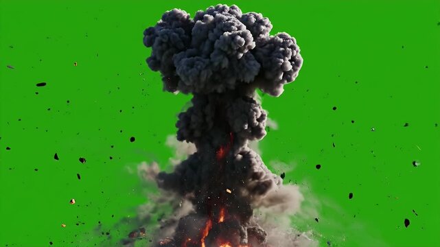 A vibrant explosion with fiery orange and dark smoke bursts against a bright green screen, creating a dynamic visual effect.