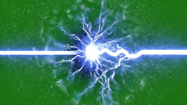 A vibrant, swirling vortex of white light and energy bursts forth against a solid green background, creating a dynamic and visually striking abstract composition.