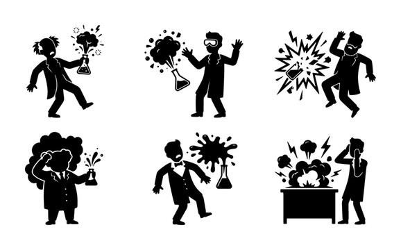 Mad Scientist Experiments, Chemical Reactions, Explosion Icons, Silhouette Figures, Science Lab Mishaps, Vector Set