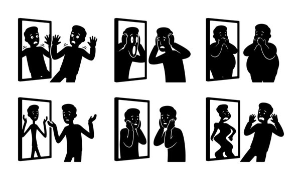 Body Image Distortion, Self-Perception Anxiety, Distorted Reflection Icons Set, Psychological Stress, Negative Self-Image Vector Graphics