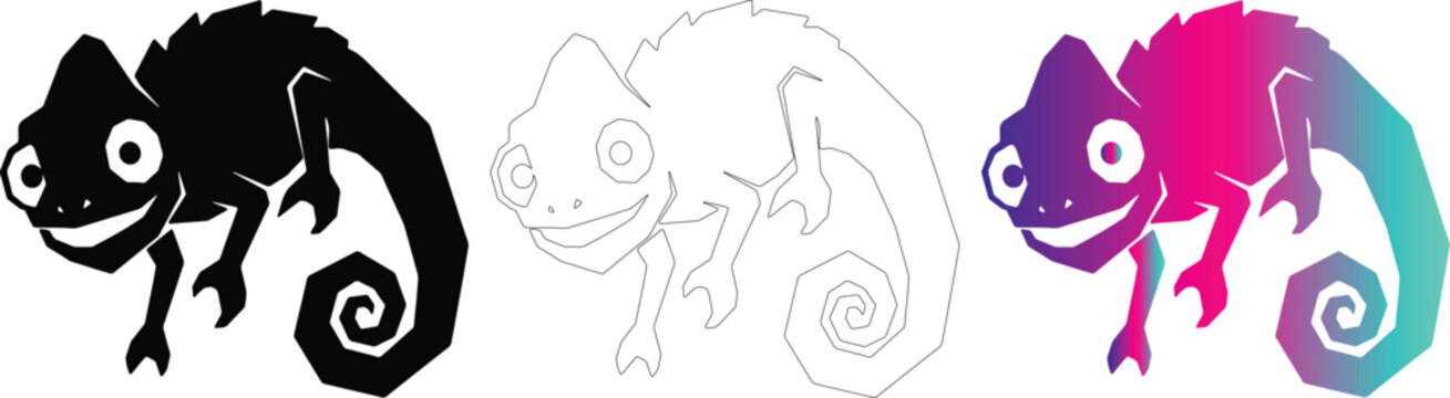 Chameleon logo design set, black silhouette, grey outline, and gradient color variations.