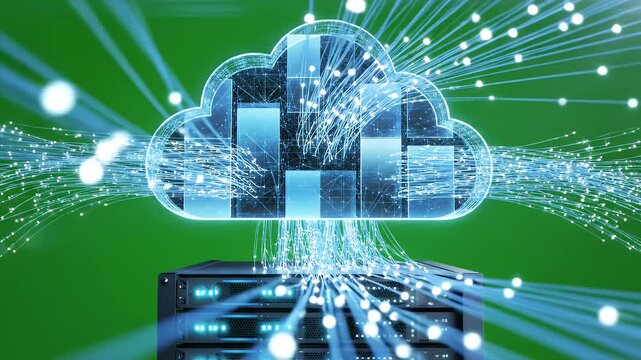 A futuristic depiction showcases data flowing from a server rack to a digital cloud, symbolizing cloud computing and data transfer.