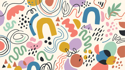 Fototapeta premium Organic Memphis geometric background, hand drawn abstract shapes, curved lines, playful dots and irregular geometric ornaments, minimalist flat vector illustration, modern artistic design