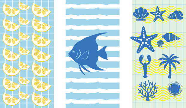Summer Beach Vibes: A vibrant collection of summer-themed graphics featuring sliced lemons, a blue angelfish on a strip background, and nautical icons like seashells, starfish, lobsters and palm trees