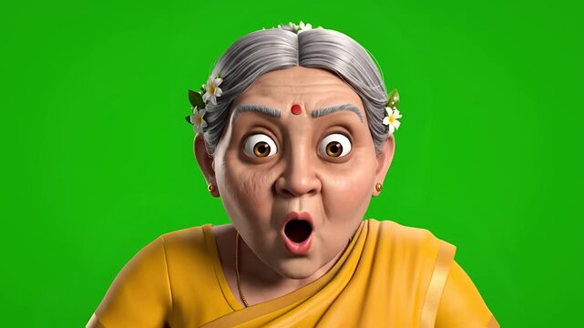 Animated Elderly Woman Expressing Various Emotions on Green Screen.