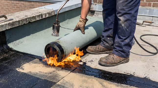 Roofer installing mineral surfaced bituminous membrane roll on flat roof using propane torch