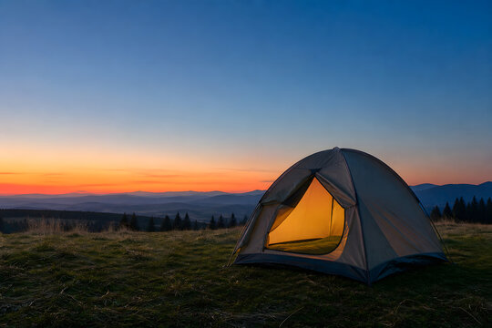 Simple camping tent under clear evening sky