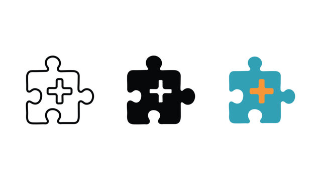 Add puzzle piece icon set plugin extension integrate outline solid and color vector